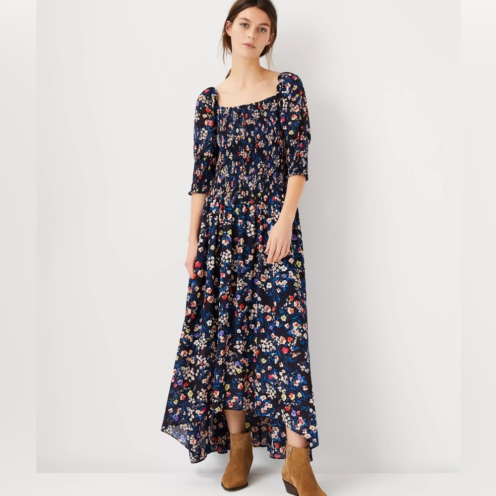 Ann Taylor Navy Floral Smocked Maxi Dress Size 8